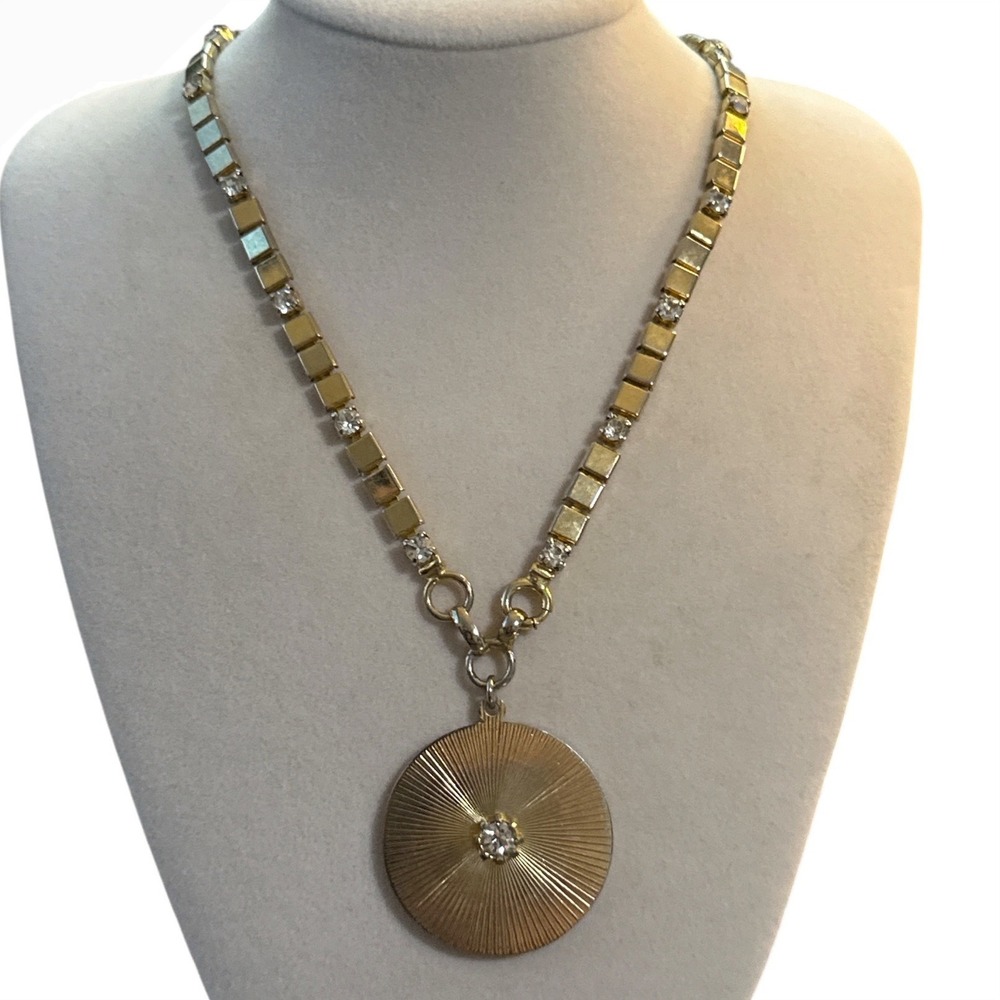 VTG Gold Tone Sunburst Medallion Statement Necklace Rhinestone Block Link Chain